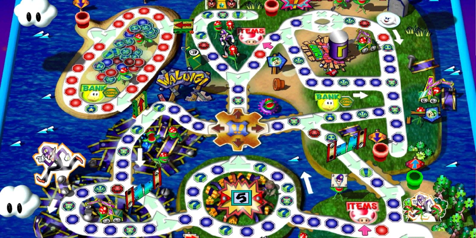 An overview of Waluigi's Island from Mario Party 3