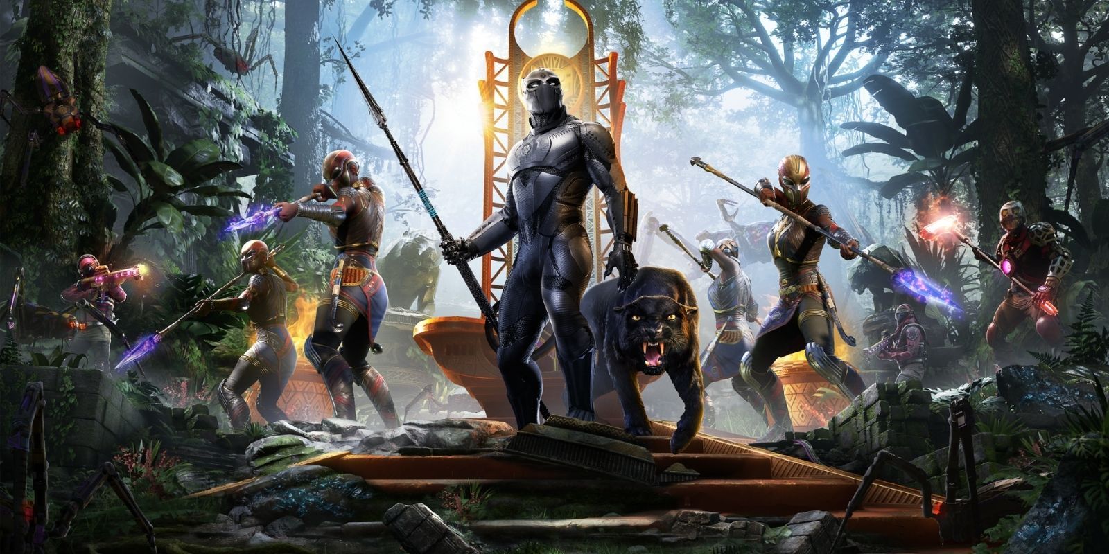 Black Panther surrounded by Wakandan warriors in War for Wakanda