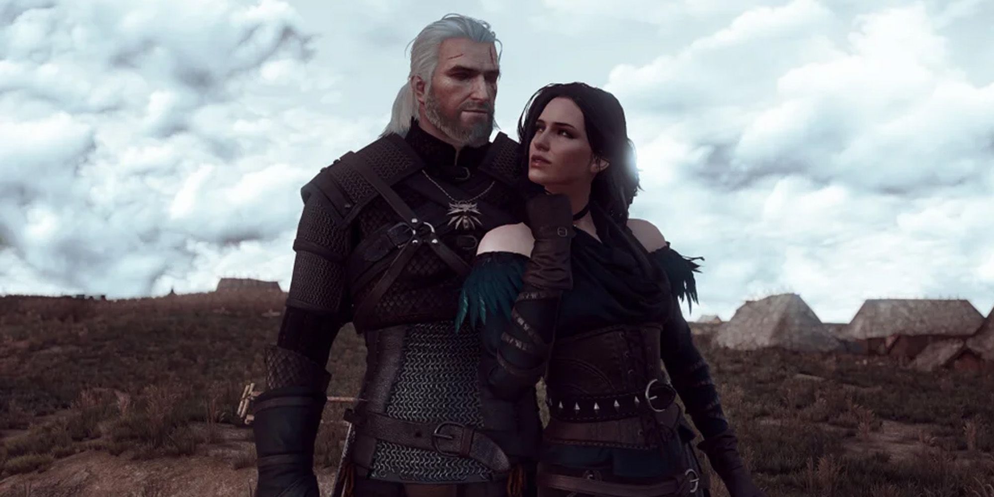 The Witcher 3: Wild Hunt, Geralt and Yennefer standing together in front of a village