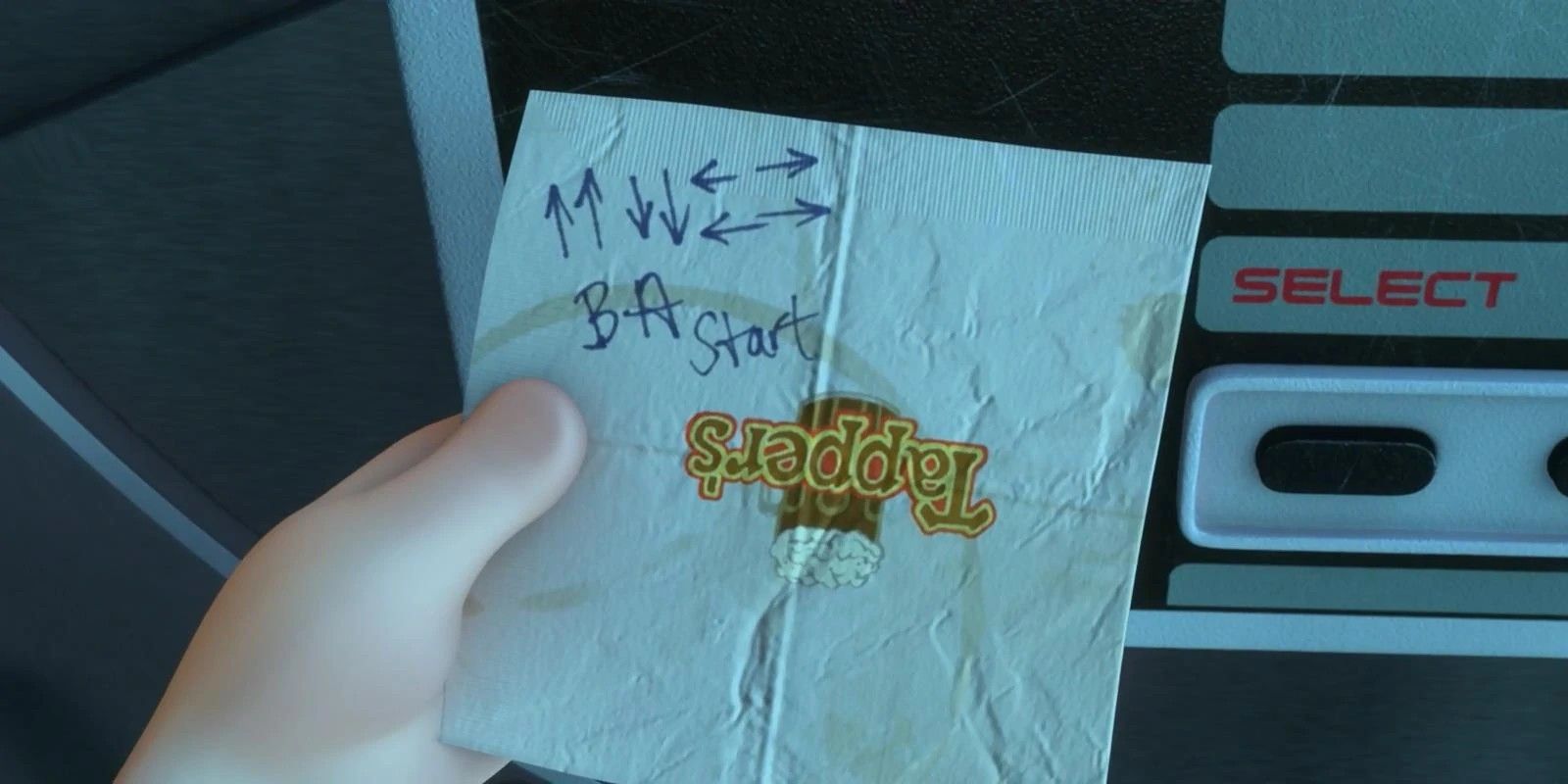 Ralph holds a napkin with the upside-down Tappers logo and hand-written instructions for the Konami Code.