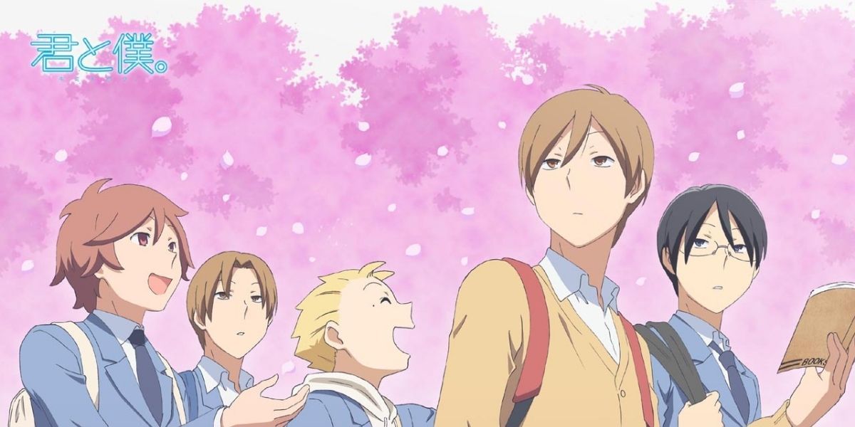You and Me promo image featuring Shun, Yuki, Yuta, Chizuru, and Kaname under the cherry blossoms.