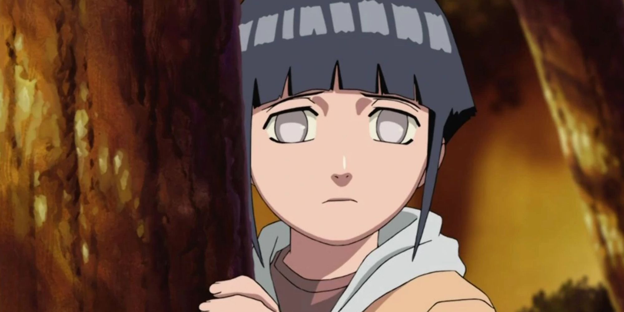 A young Hinata hides behind a tree in Naruto