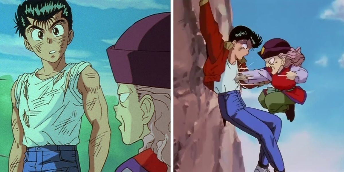 Left image features Yusuke and Genkai; right image features Genkai punching Yusuke