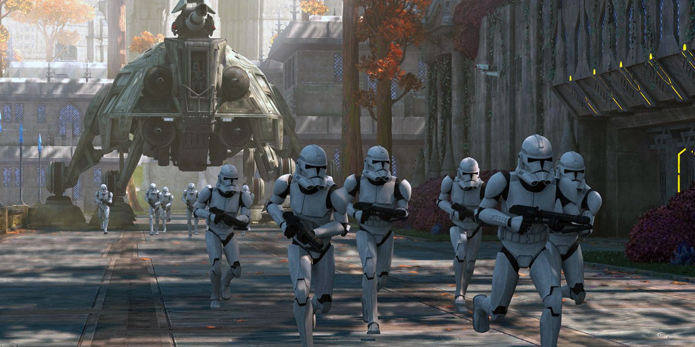 Stormtroopers and an AT-TE in The Clone Wars Episode 10