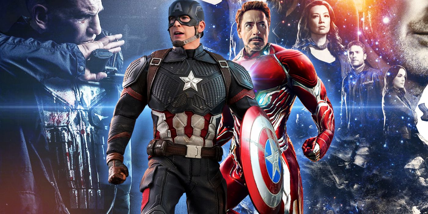 captain america and ironman from endgame in front of punisher and agent of shields