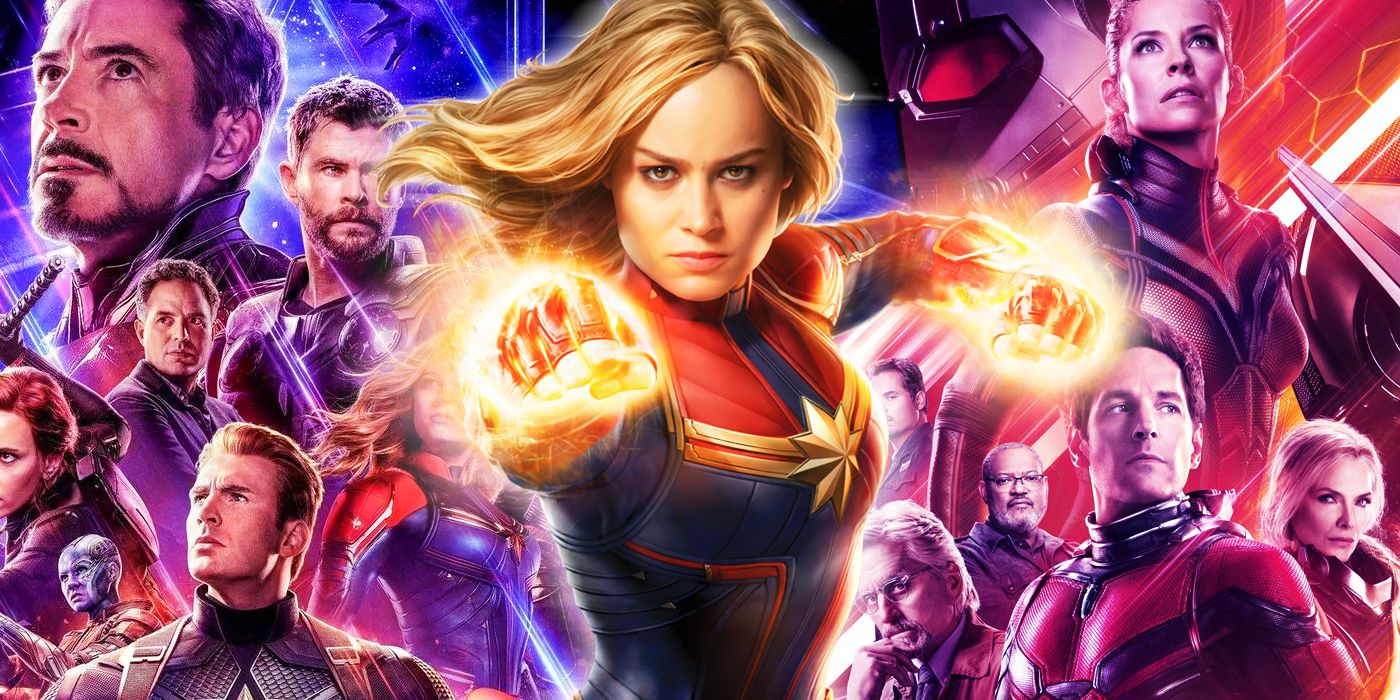 captain marvel in front of avengers end game and ant man and the wasp from marvel cinematic universe phase 3