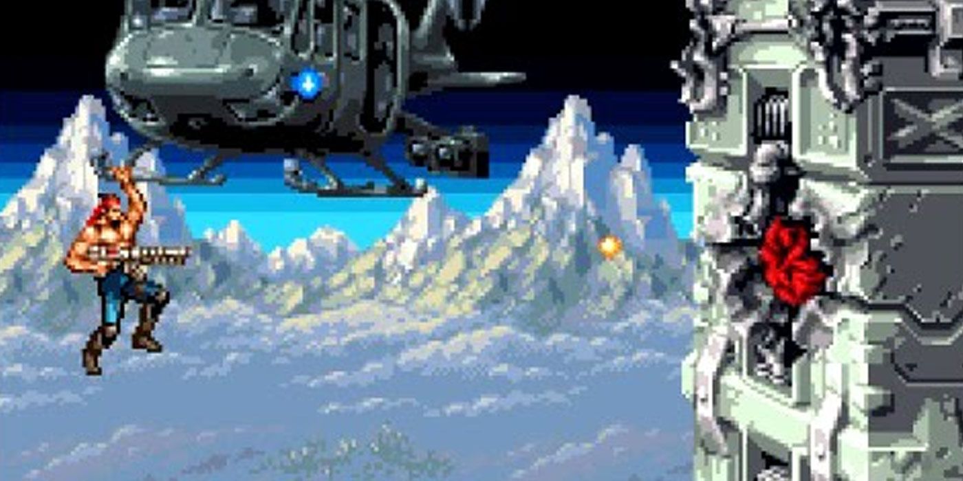 The player hangs on for dear life in Contra 4