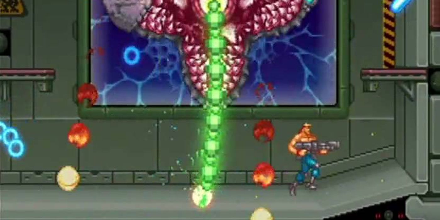 The player squares off with a boss in Contra ReBirth