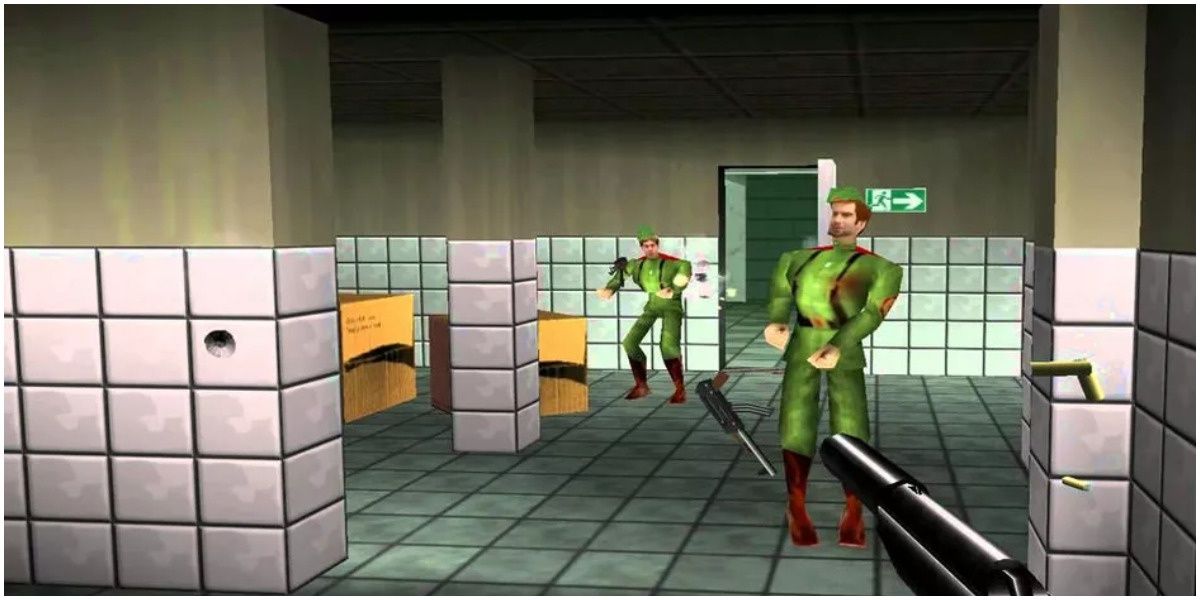 Fighting a room of enemies in GoldenEye 007 video game