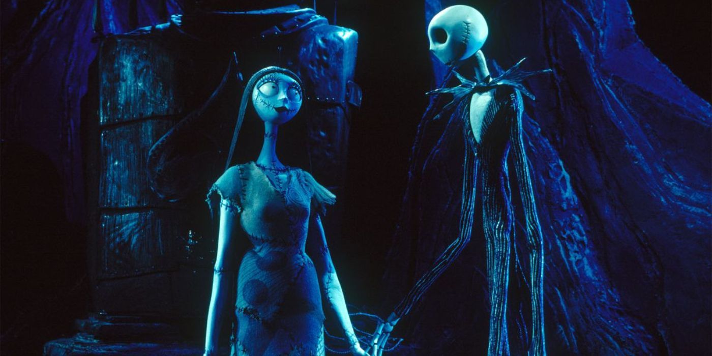 Jack Skellington and Sally holding hands in The Nightmare Before Christmas