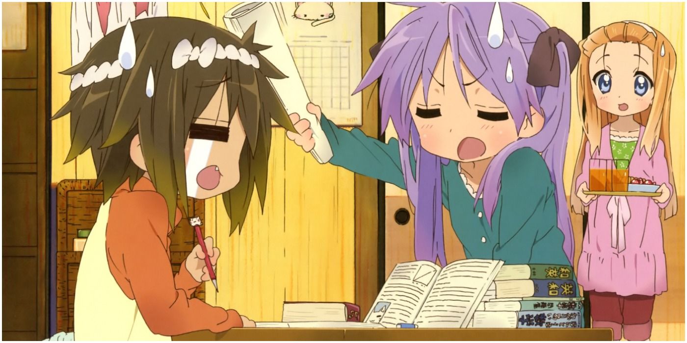 kagami hiiragi bonking misao kusakabe on the head while they're studying and ayano is coming in with snacks lucky star