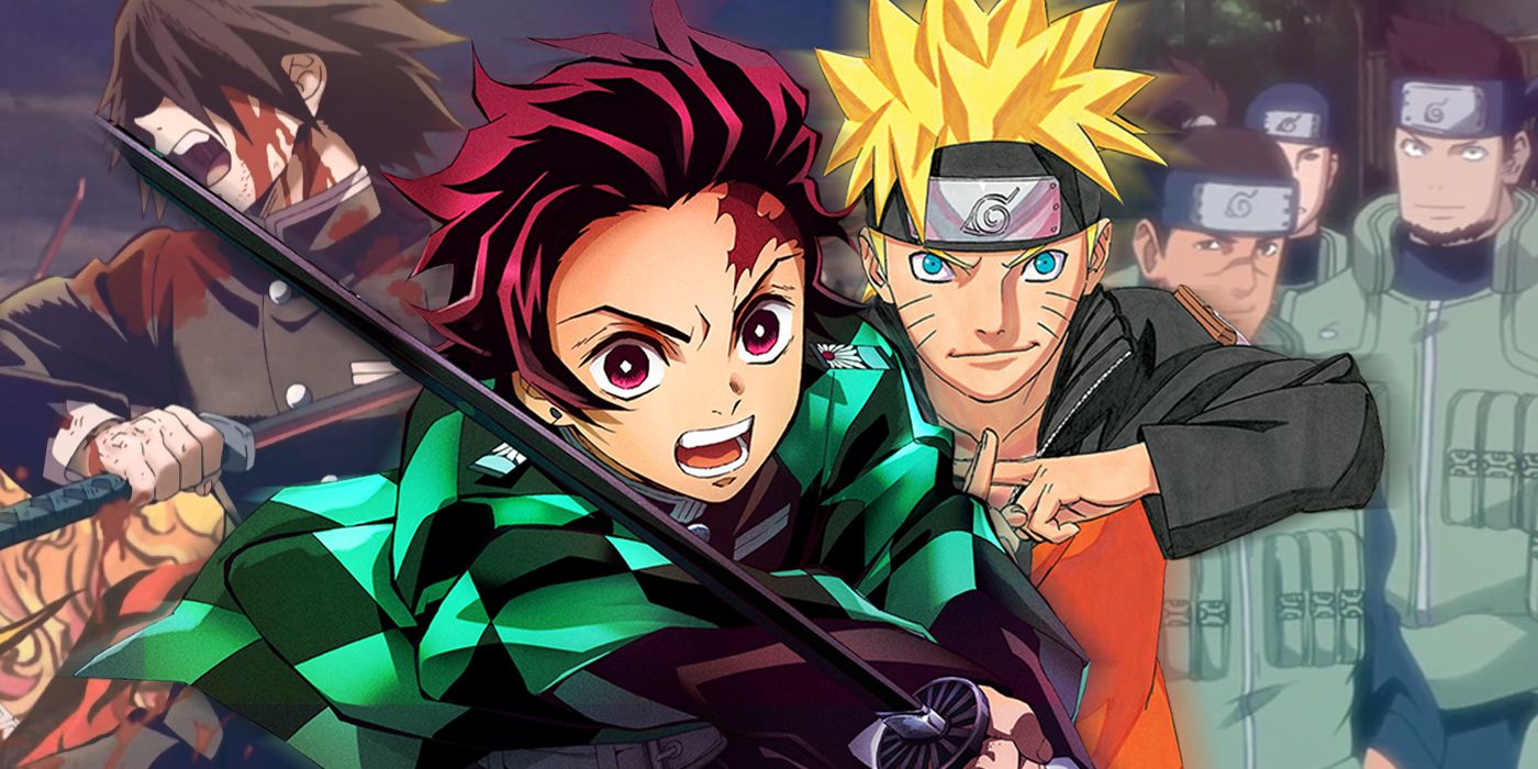 kamado tanjiro from demon slayer and uzumaki naruto in front of demon slayer corps and shinobis