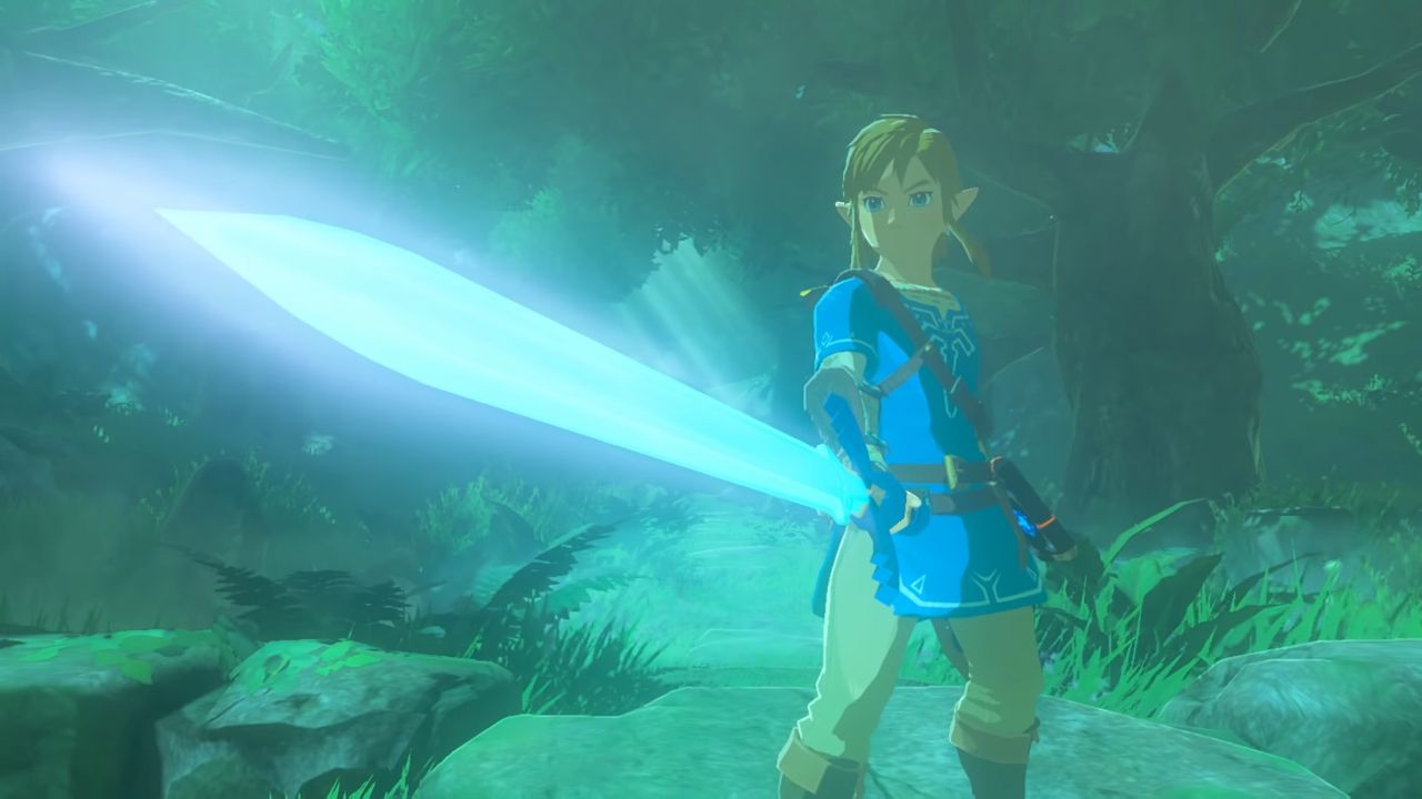 Link brandishes the Master Sword in Legend of Zelda: Breath of the Wild. 