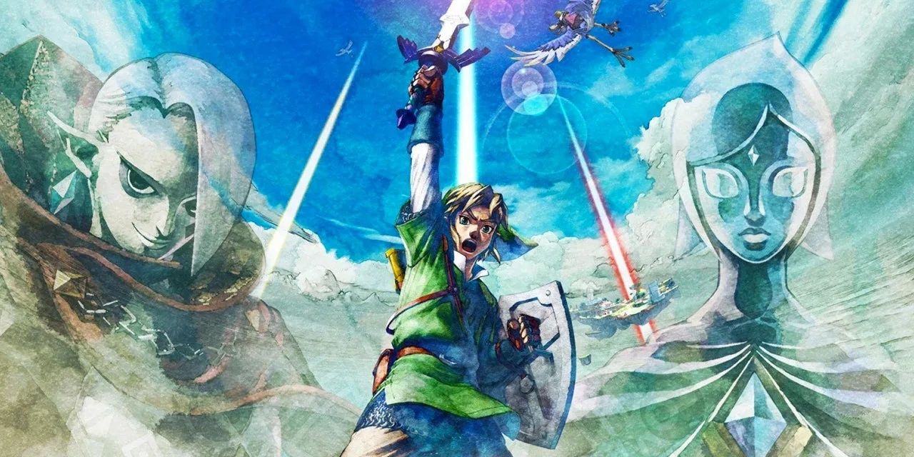 Link raises the Master Sword in Skyward Sword promo on the Nintendo Wii