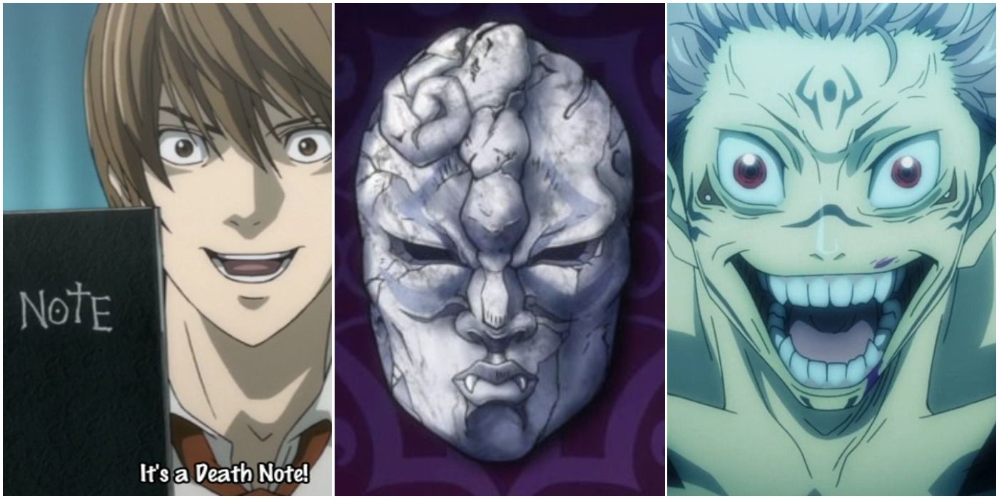 Light Yagami laughs holding the death note (left); the stone mask from JoJo is on display (center); Yuji is possessed by Sukuna (right)