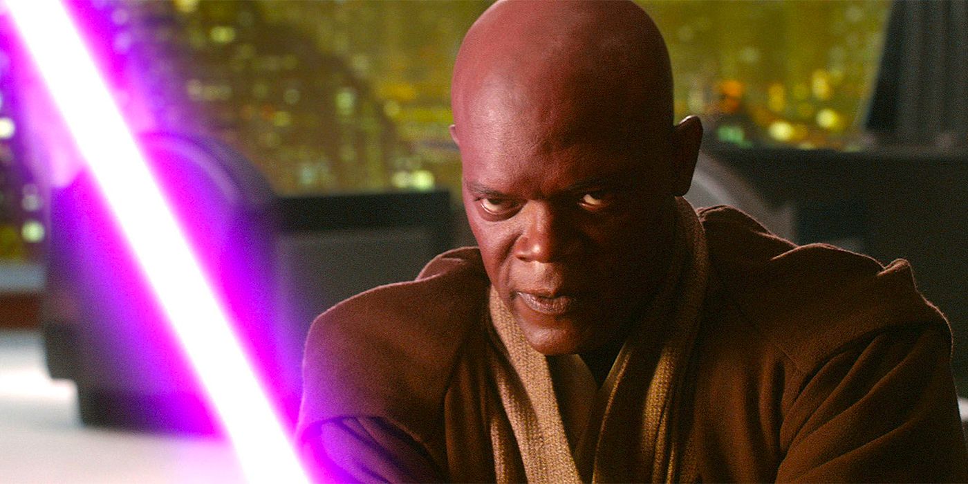 Mace Windu readies his purple lightsaber in Star Wars: Revenge of the Sith