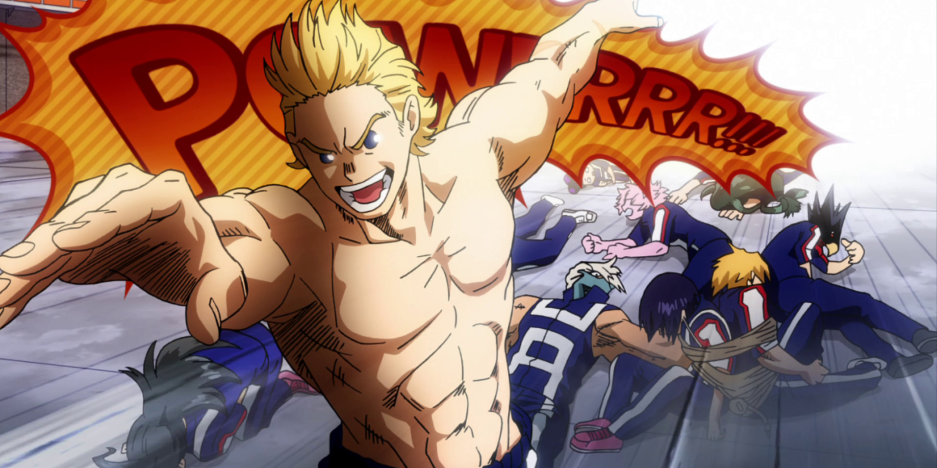 Mirio after knocking out Class 1-A in My Hero Academia.