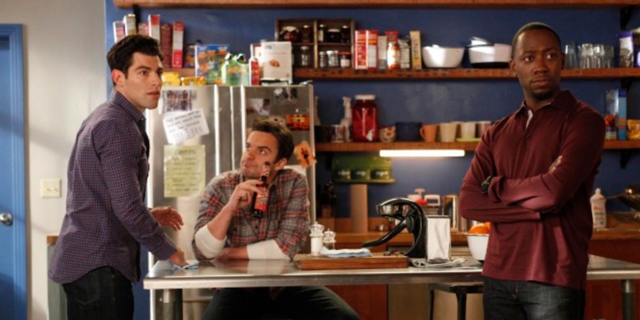 Schmidt, Nick, and Winston in the kitchen in the New Girl episode Control