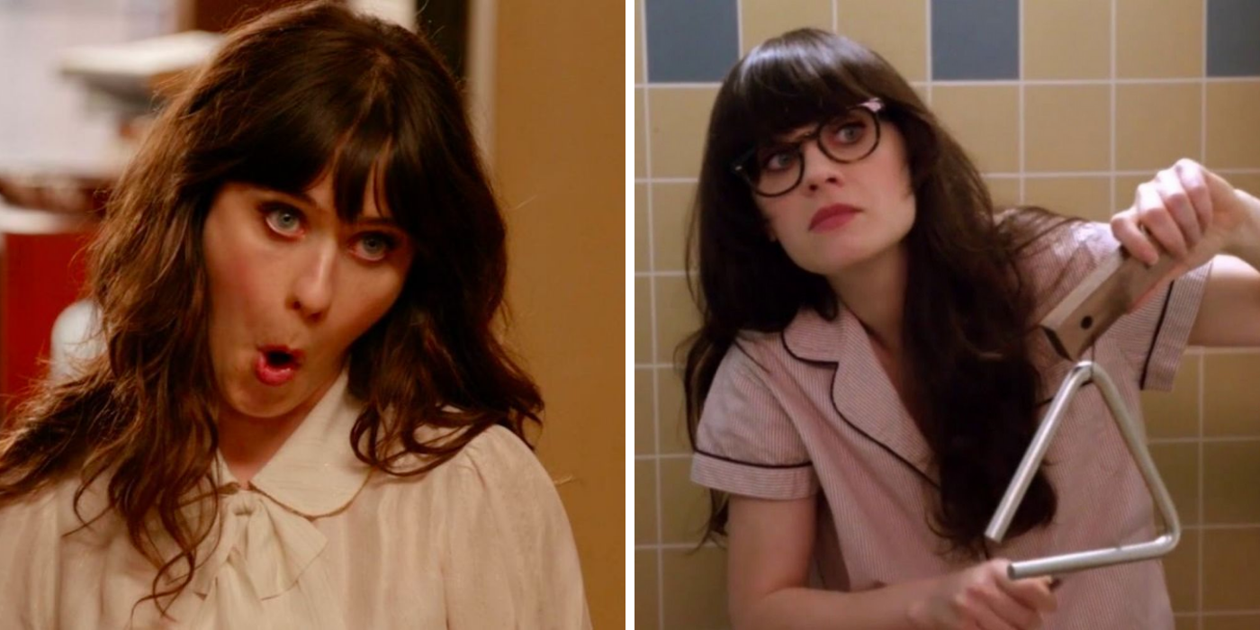 Jessica Day making funny faces and playing the triangle