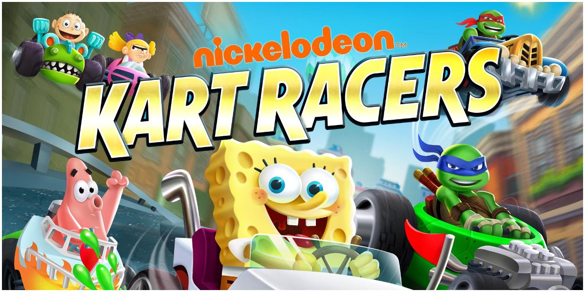 Uma imagem de Nickelodeon Kart Racers;  Bob Esponja, Patrick, dois TMNTs, Helga e um Rugrat correndo em karts.