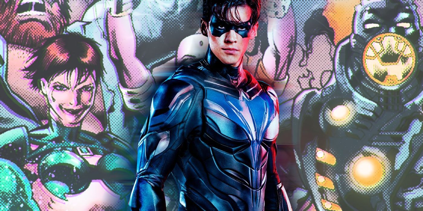 nightwing from titans season 3 in front of the fearsome five