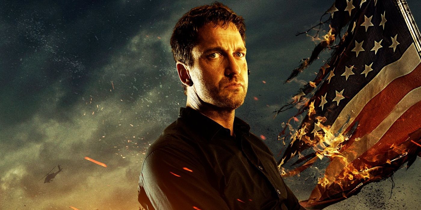 The poster for Olympus Has Fallen featuring Gerard Butler and a flaming flag