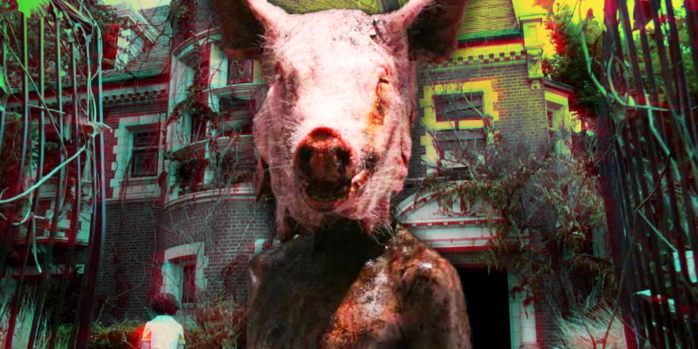 piggy man in front of mirder house from american horror stories