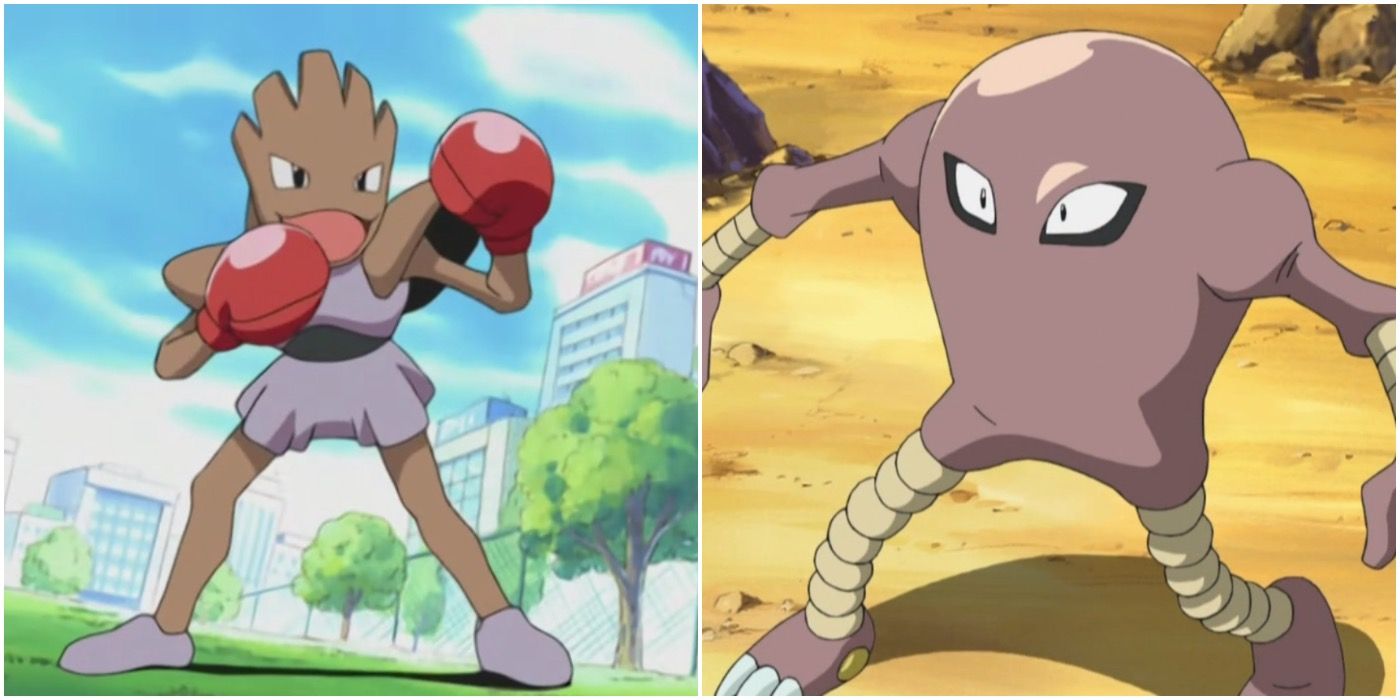 A split image of Hitmonchan and Hitmonlee from the Pokemon anime