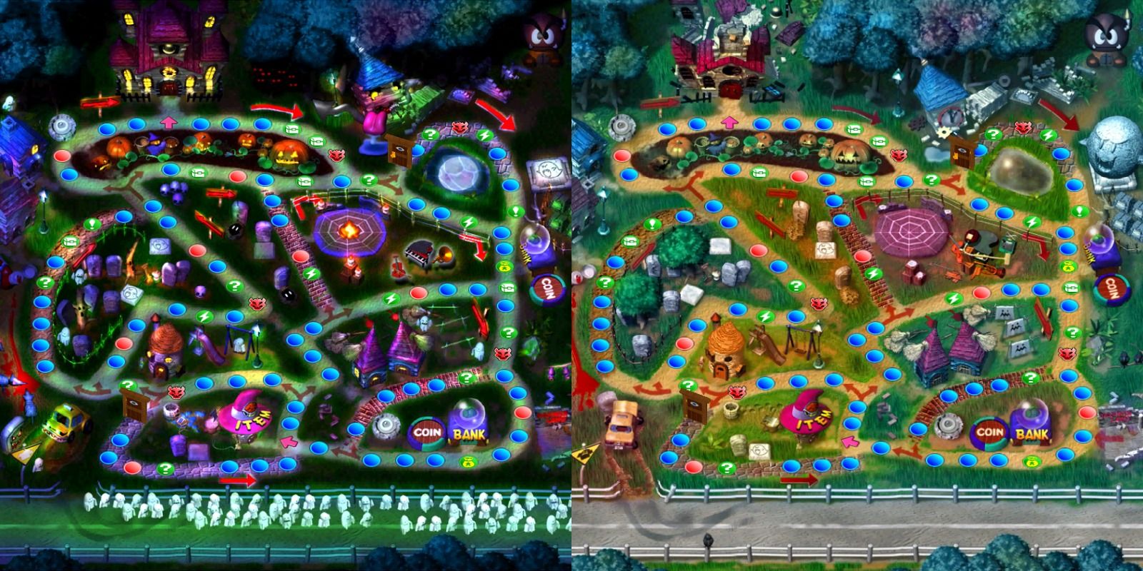 An overview of Horror Land's two forms from Mario Party 2