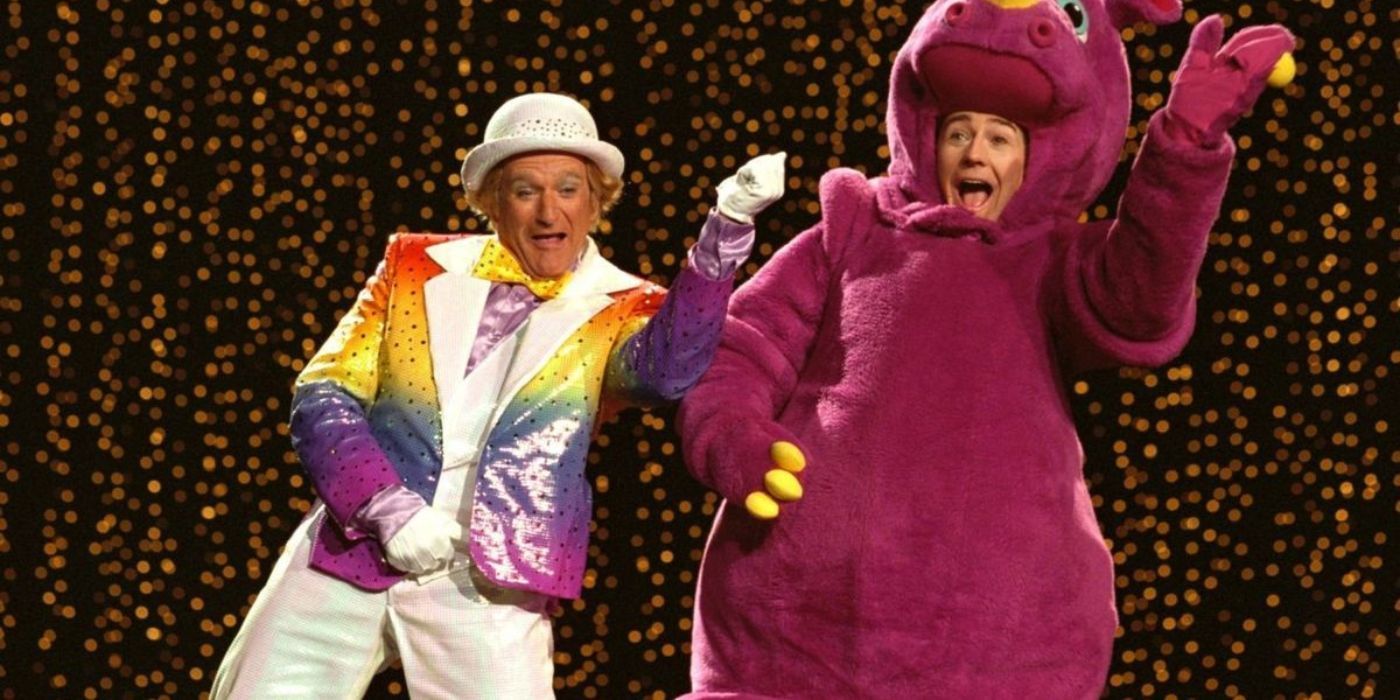 Robin Williams and Edward Norton dancing as Rainbow Randolph and Smoochy the Rhino