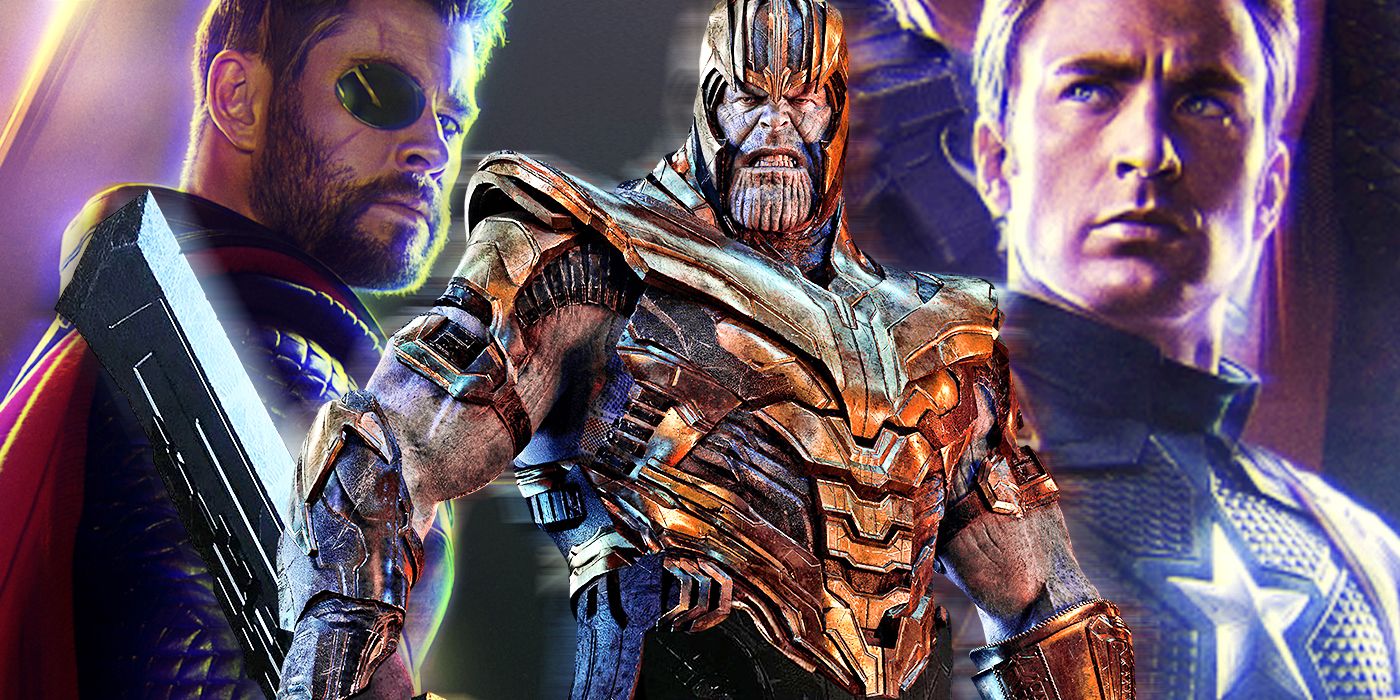 thanos in front of thor and captain america from marvel cinematic universe