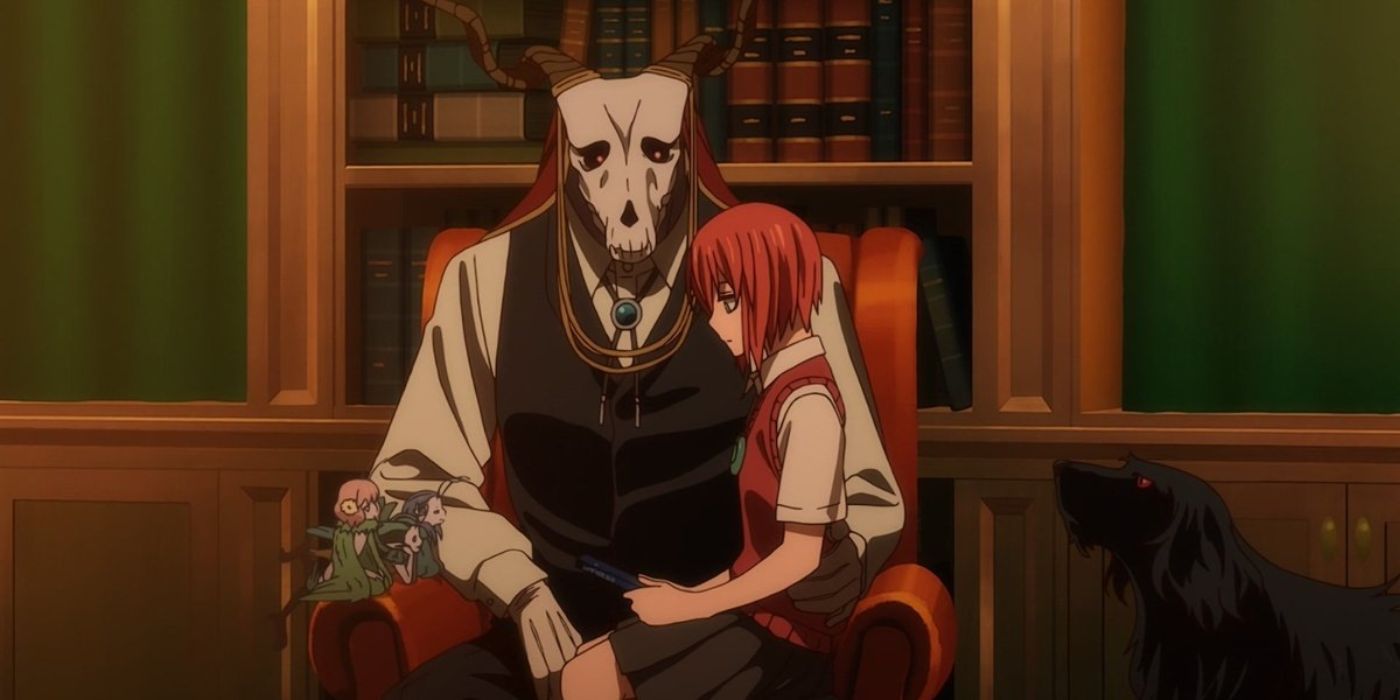Chise sitting on Elias' lap in The Ancient Magus' Bride