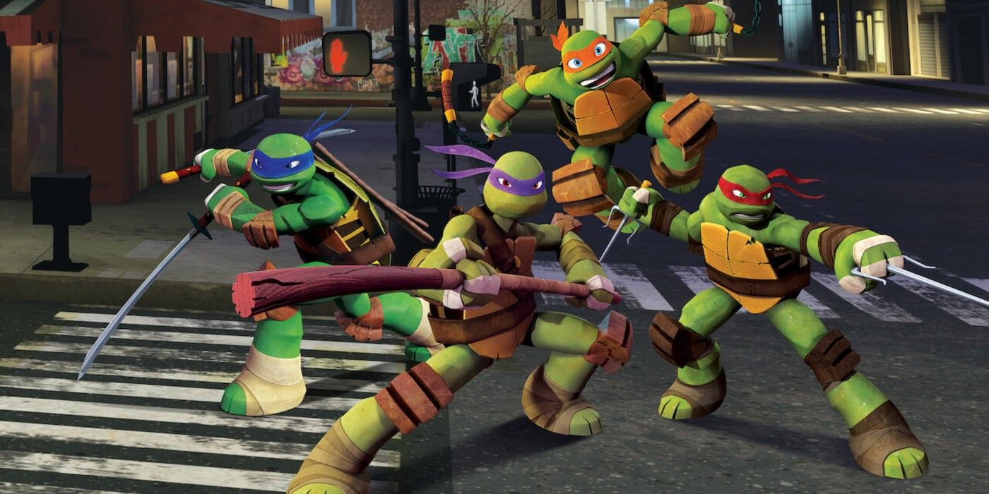 Leonardo, Donatello, Michelangelo, and Raphael pose in Nickelodeon's TMNT 2012 Series