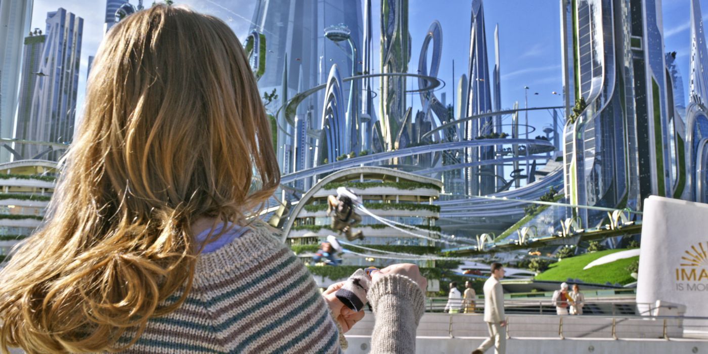 Britt Robertson in front of a city in the Tomorrowland movie
