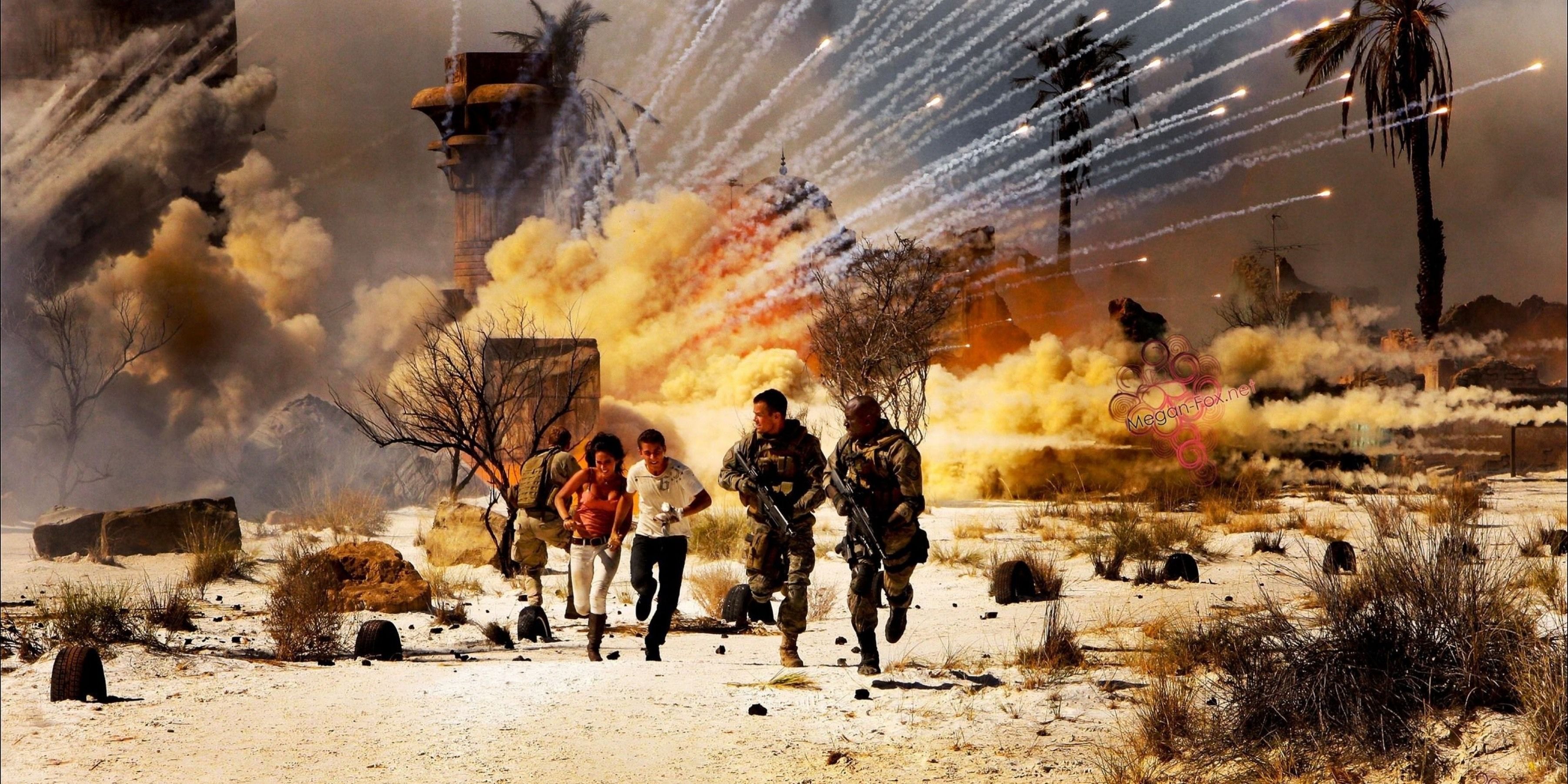 Action scene with characters running from explosion from Transformers