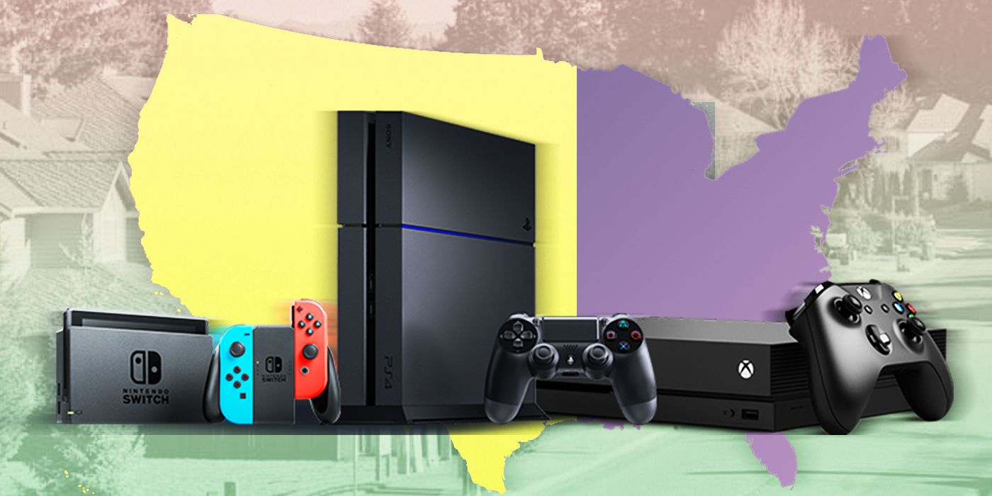 A map of the United States fronted by a Nintendo Switch, Xbox One and PlayStation 4