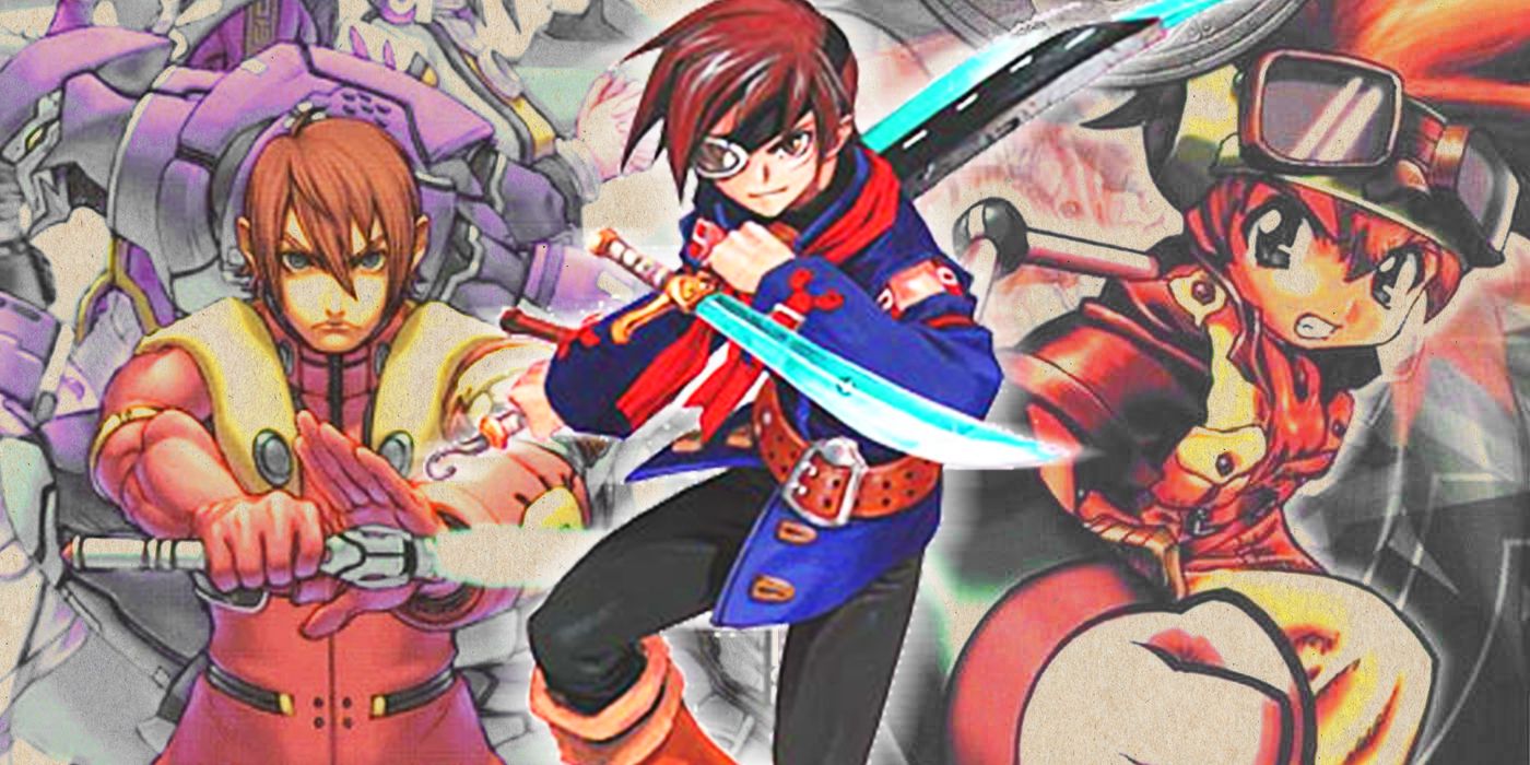 vyse from skies of arcadia in front of evolution and phantasy star online ver 2 dreamcast rpg