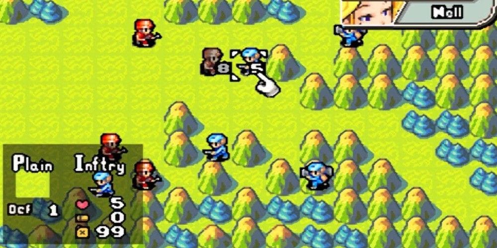 A battle in Advance Wars where a unit is about to be selected