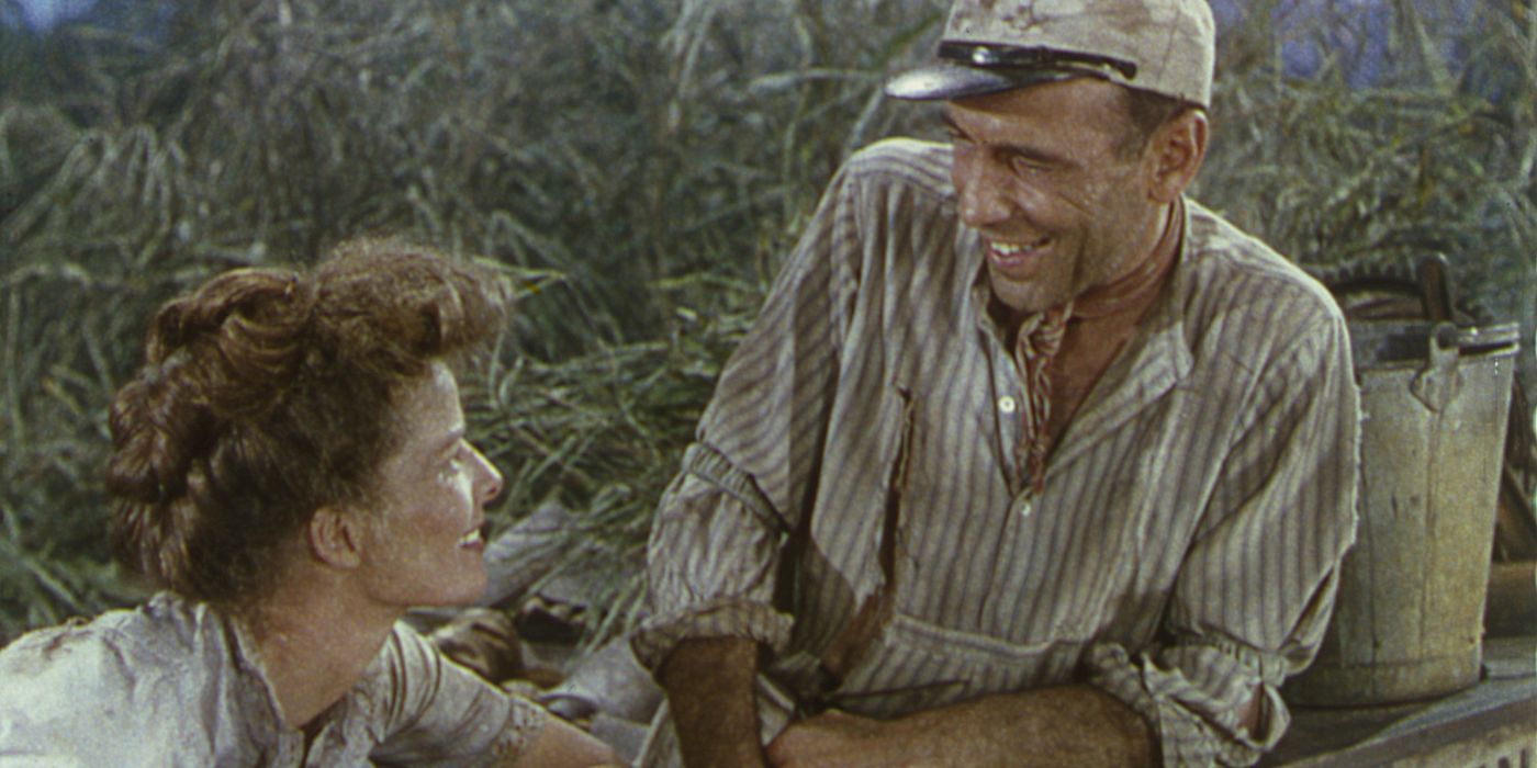 Humphrey Bogart como Charlie Allston e Katharine Hepburn como Rose Sayer na rainha africana