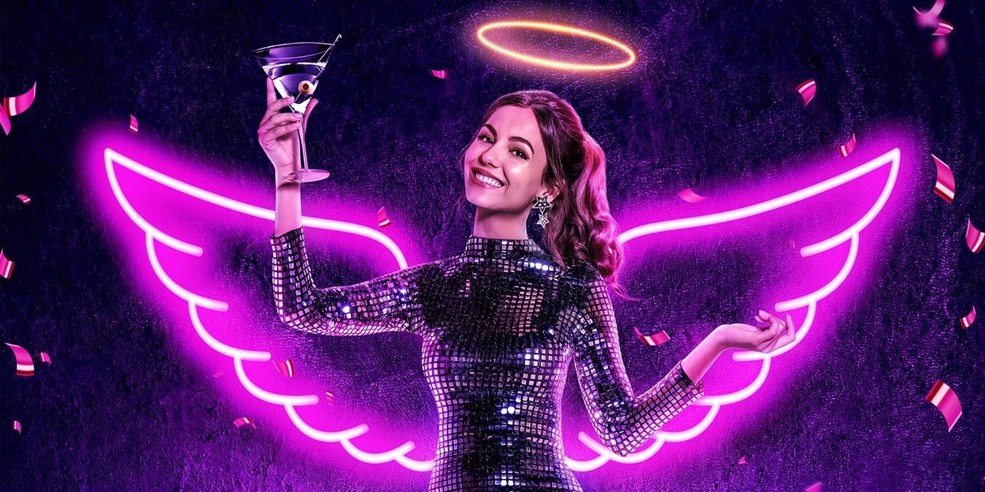 Image of a woman in a dress holding up a drink with neon angel wings and a halo behind her