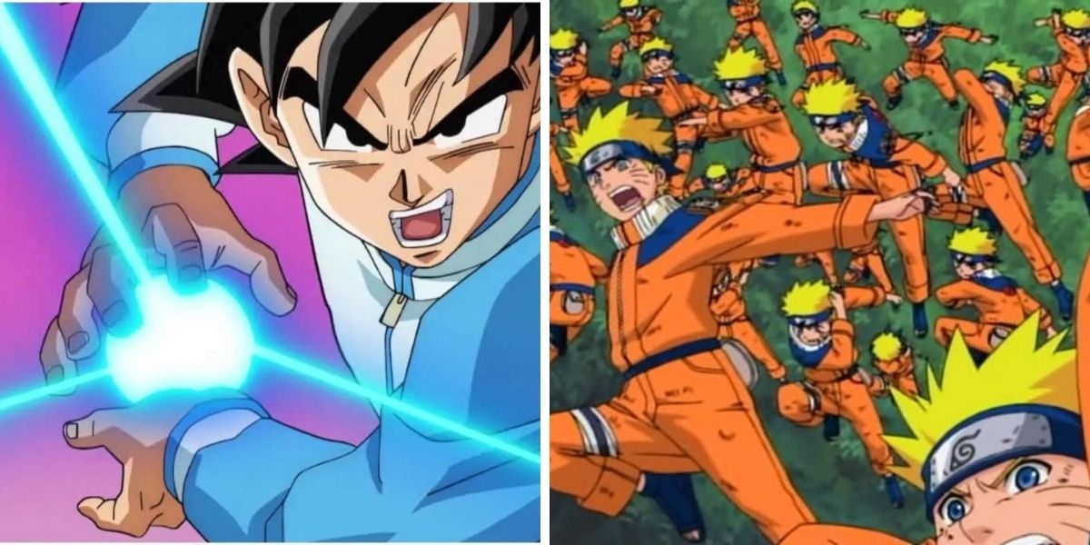 Left image features Goku using the Kamehameha; right image features Naruto and his Shadow Clones using the All-Directions Shuriken Jutsu