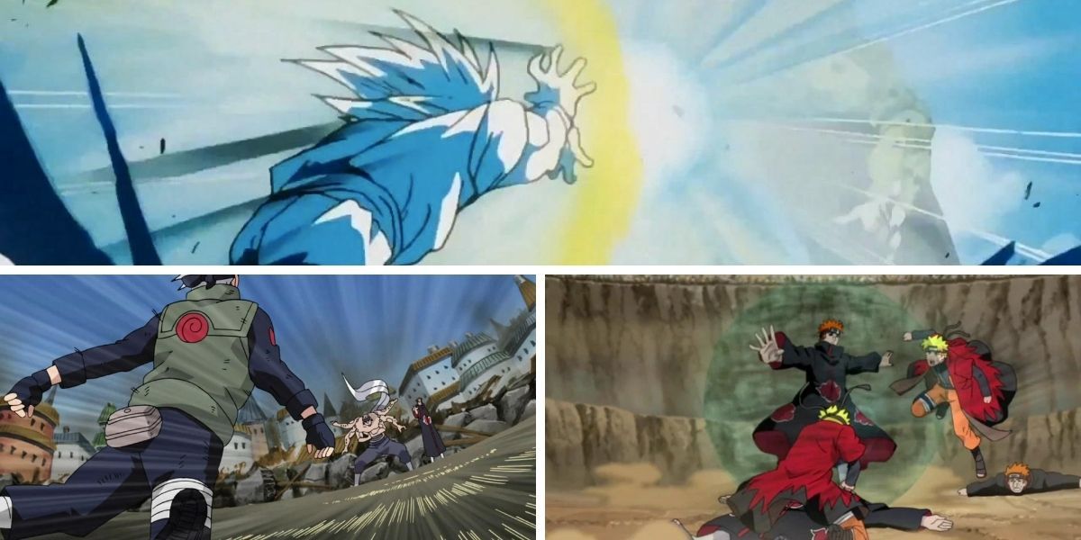 Top image features someone using the Kamehameha; bottom left and right images feature Pain using the Almighty Push and Pull on Kakashi Hatake and Naruto Uzumaki and his Shadow Clones