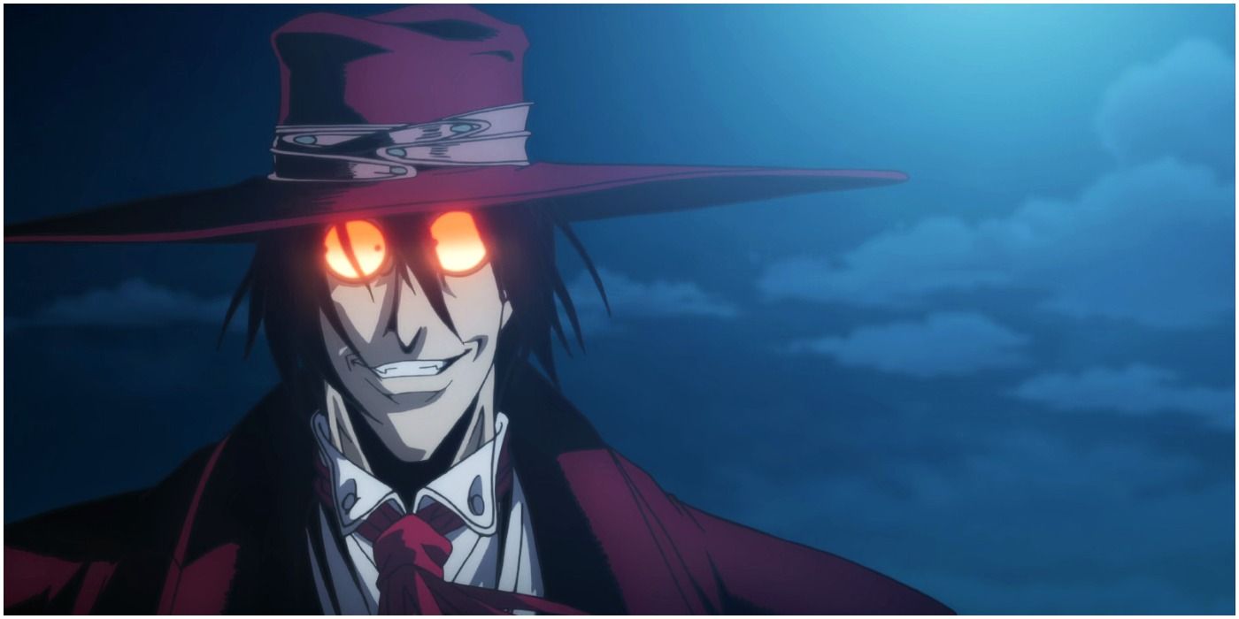 Alucard sneers while his eyes glow red behind his glasses