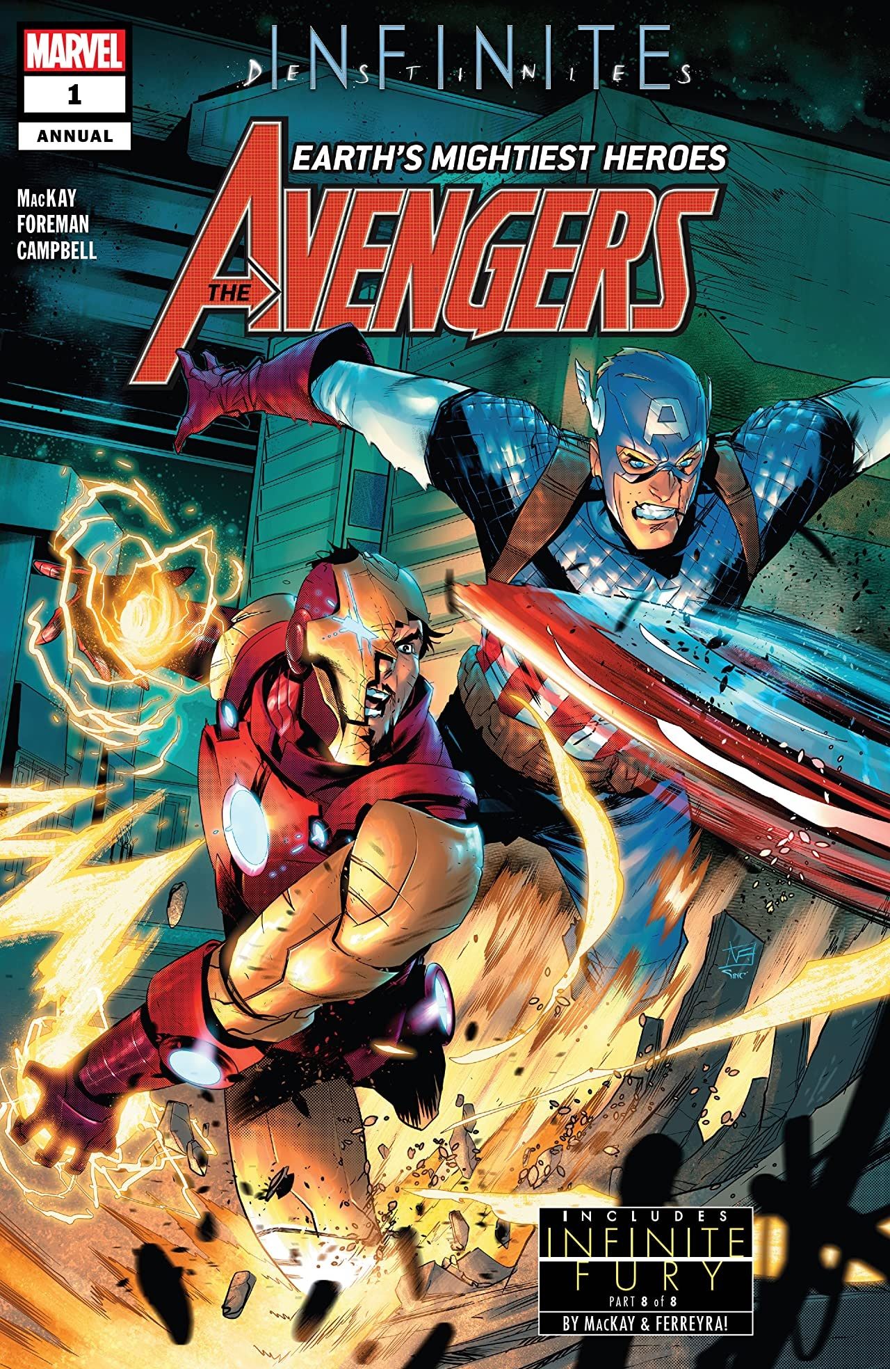 Iron Man and Captain America fight on the cover to Avengers Annual 2021 1 by Federico Vicentini and Alex Sinclair