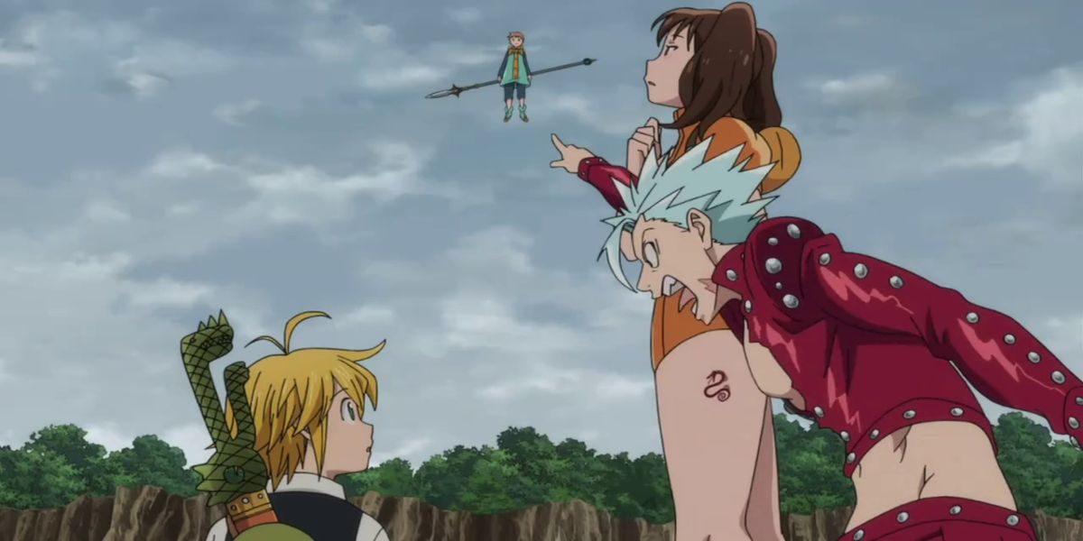 Ban yelling at Meliodas while pointing at King