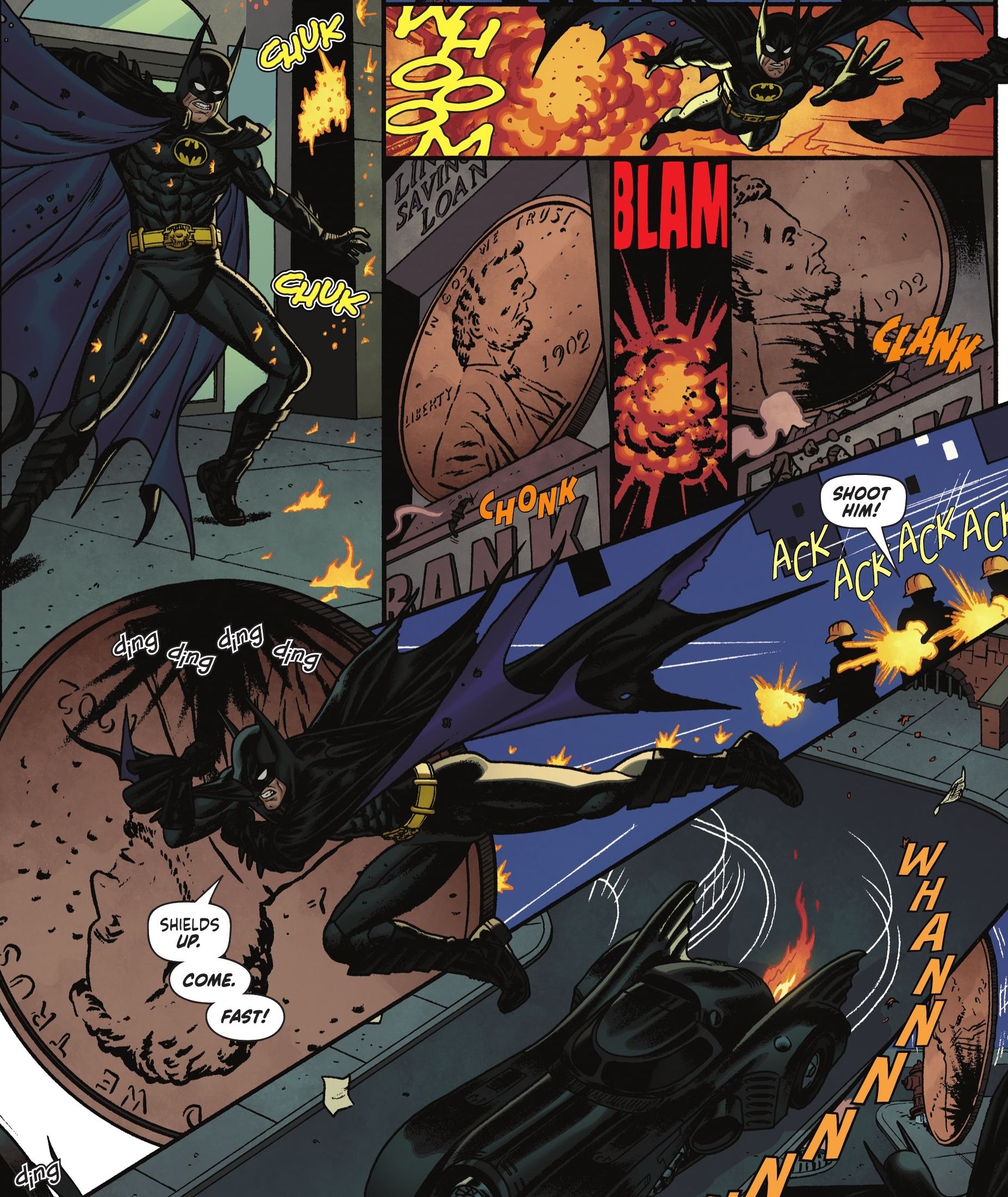 Batman uses the giant penny as a shield in Batman '89 #1