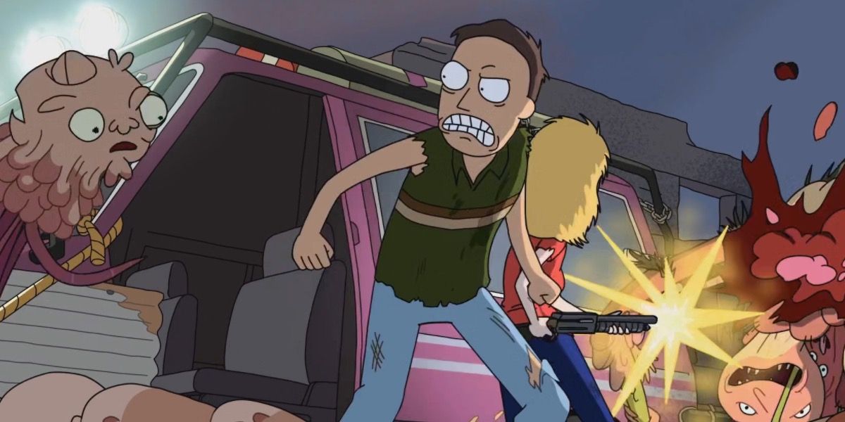 Beth and Jerry fighting the Cronenbergs in Rick and Morty.