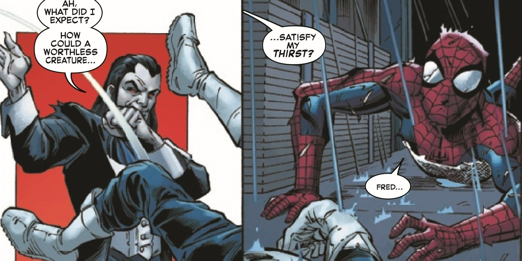 Morlun discarding Boomerang's corpse in front of Spider-Man in Sinister War #4