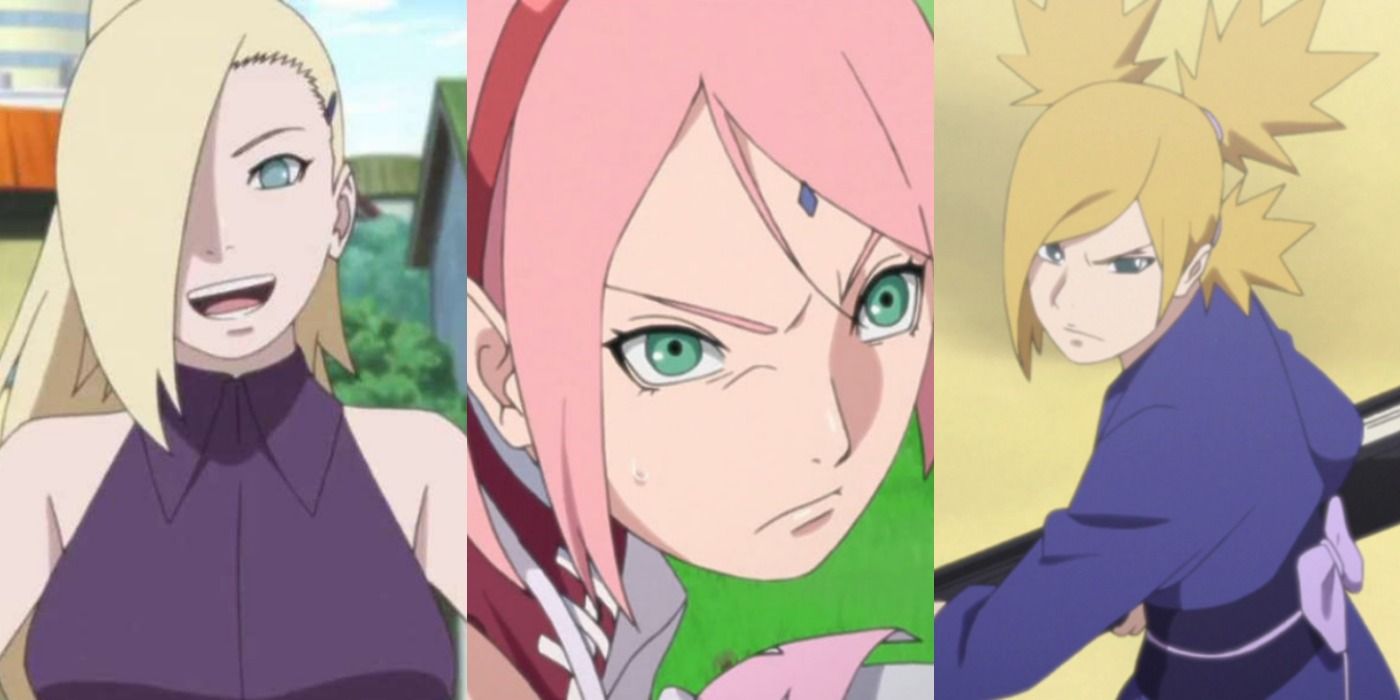 A split image depicts Ino, Sakura, and Temari in Boruto