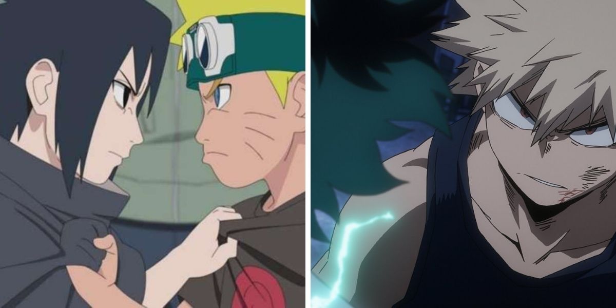 Images feature Naruto Uzumaki and Sasuke Uchiha Katsuki Bakugo and Izuku &quot;Deku&quot; Midoriya staring each other down